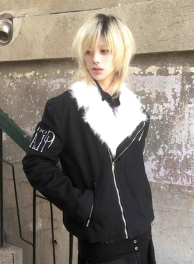 y2k亚文化黑色外套女冬季新款重工毛领斜门襟修身夹克视觉系上衣