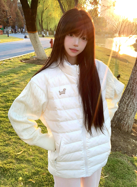 学院风针织拼接棉服女冬季腊肠小狗立领外套vintage休闲保暖上衣