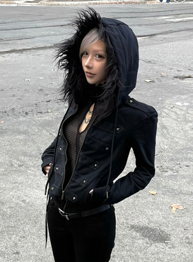 美式高街卫衣女秋冬季铆钉黑色毛领连帽修身外套亚文化视觉系上衣