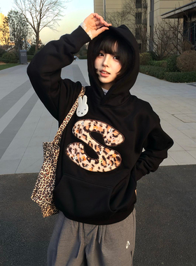 美式重磅卫衣女2025秋冬加绒刺绣黑色外套休闲情侣宽松慵懒风上衣