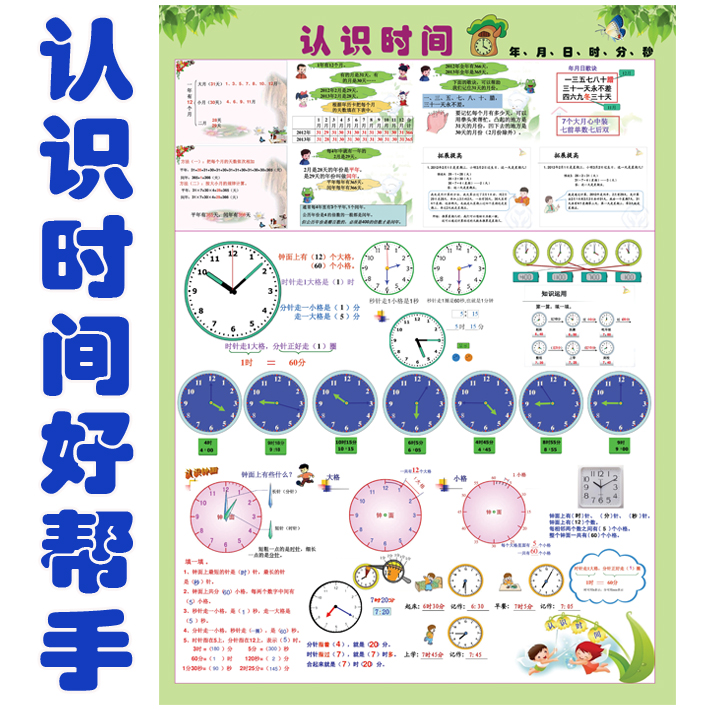 认识钟表平年闰年月日一年级小学生数学墙画早教挂图分针秒针时针
