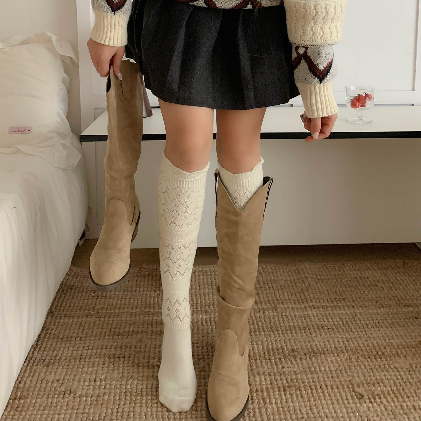 4双包邮 靴袜加厚镂空袜子女秋冬日系堆堆长筒保暖纯色羊毛小腿袜