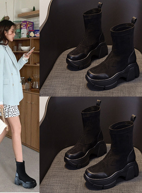 黑色弹力靴25新款女款春季增高9CM鞋子透气高跟短靴瘦瘦靴女袜靴