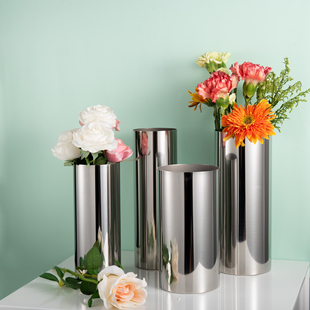桌面多尺寸 出口单304不锈钢花瓶桌上金属圆柱花瓶可水养鲜花欧式