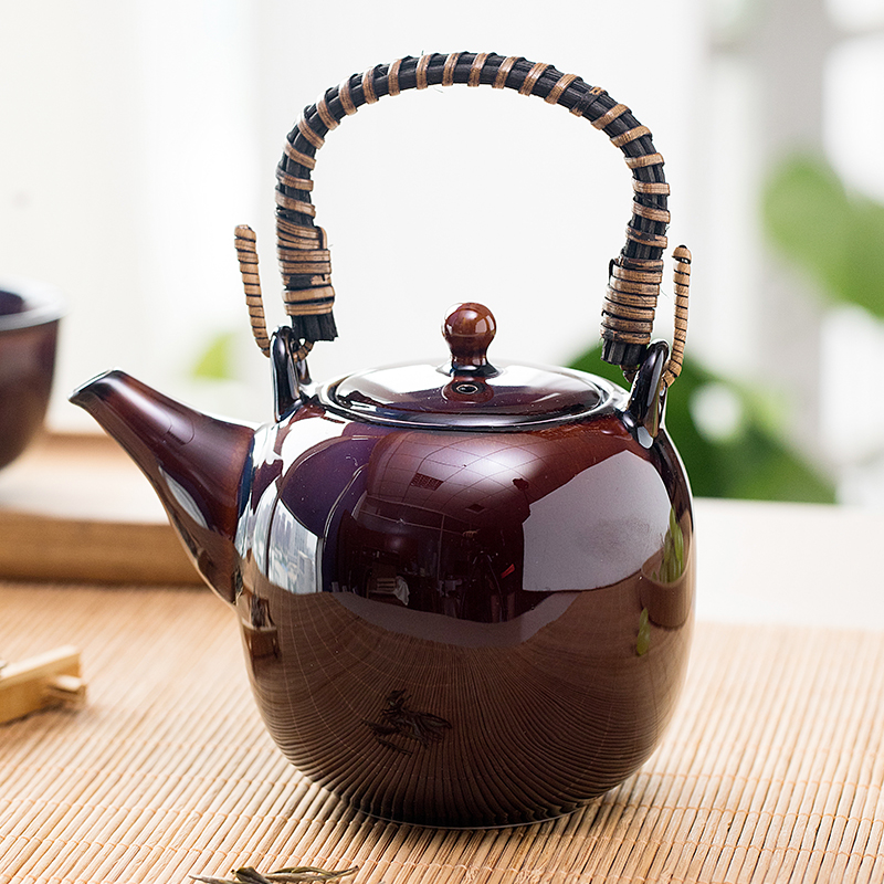 日本进口TOJIKI美浓烧漆釉土瓶泡茶壶带滤网藤编提手500cc功夫茶