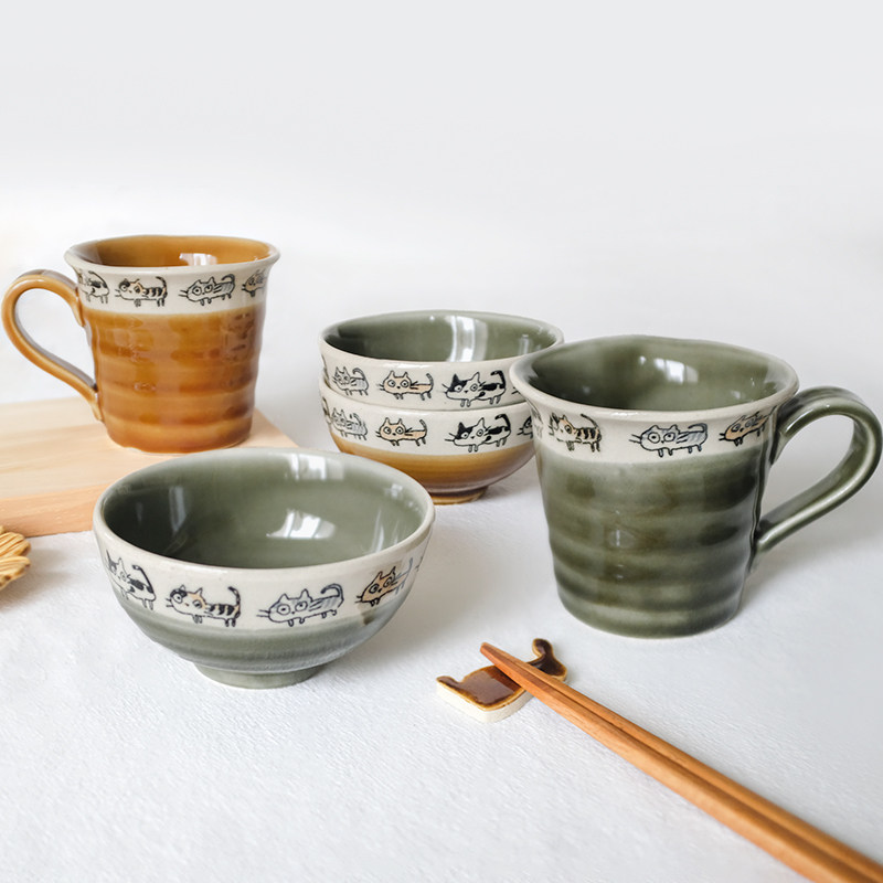 日本制濑户烧职人手作散步小猫餐碗盖饭碗汤碗咖啡杯子茶杯马克杯