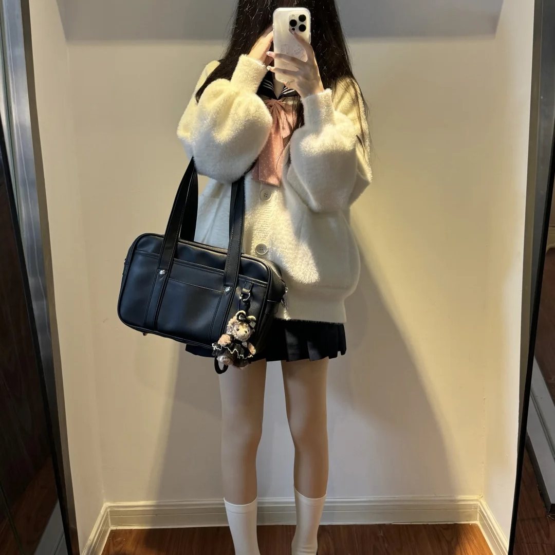 日系针织开衫女秋冬毛茸茸小个子叠穿水手服白三本长袖校供感套装