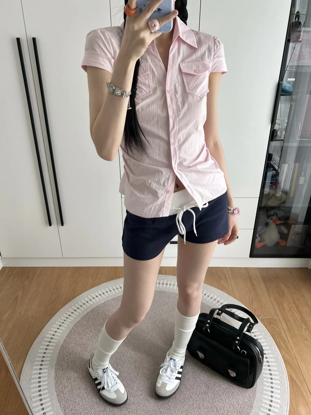 日系粉色正肩短袖衬衫女夏季2026新款短款收腰显瘦气质法式上衣潮