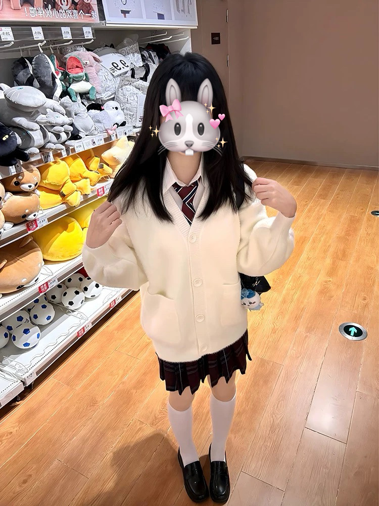 套装日系学院风JK制服针织开衫毛衣女秋冬加厚毛茸茸叠穿校供外套