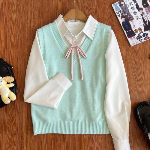 花狸酱套装马甲背心毛衣JK制服宽松基础款少女针织衫v领无袖毛衣