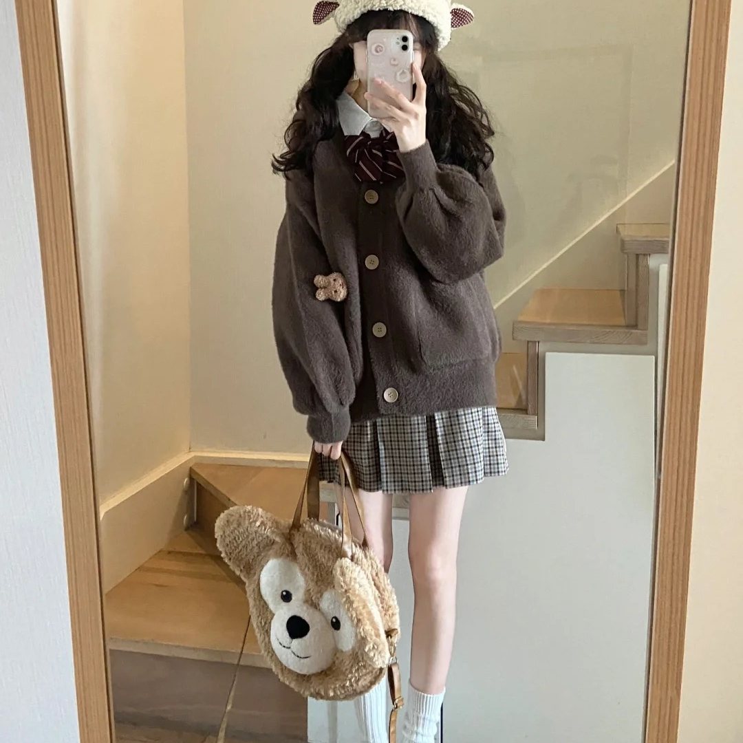学院风日系JK毛茸茸针织开衫女秋冬校供感小个子毛衣外套