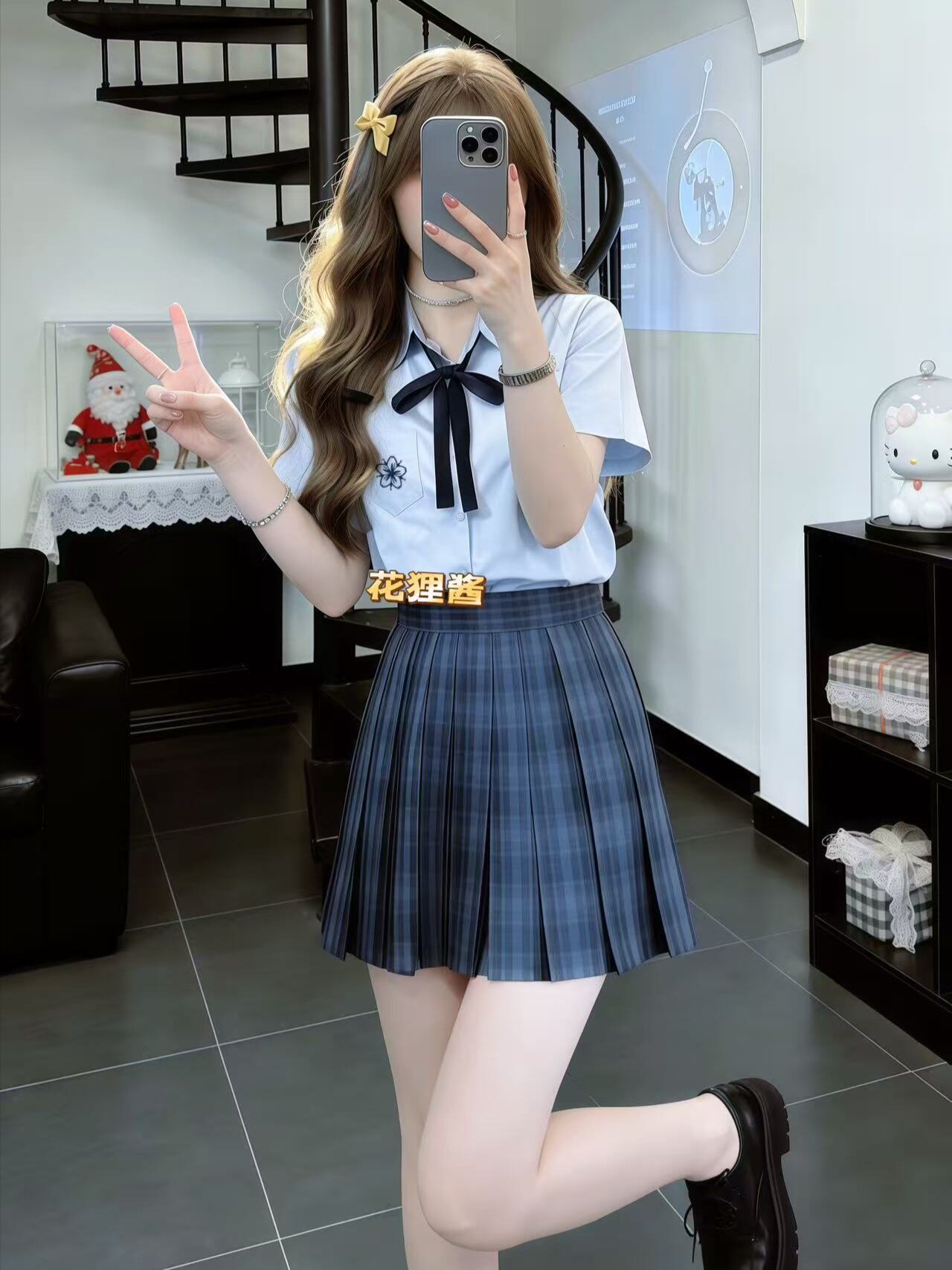 原创正版日系校供感樱花刺绣短袖衬衫女夏季海苔格裙学院风JK套装