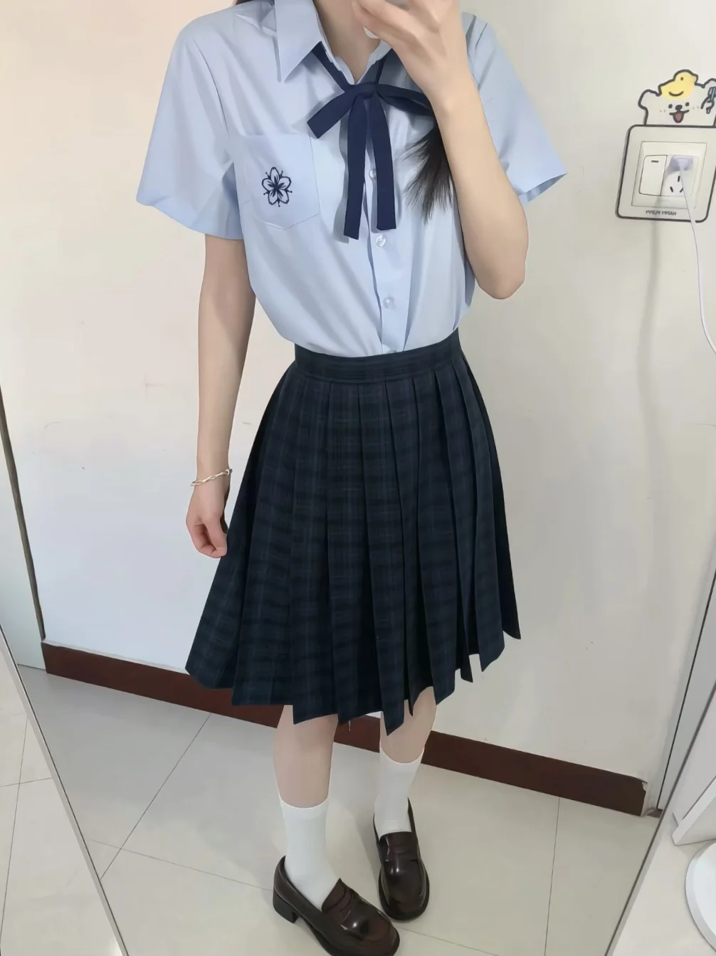 原创海苔Jk格裙套装日系学院风蓝色樱花刺绣短袖衬衫夏季学生穿搭