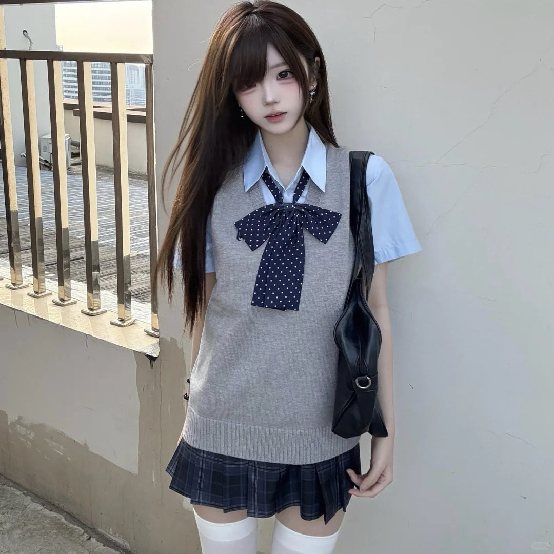 原创JK制服秋冬日系学院风校供感叠穿针织套头背心短袖衬衫套装