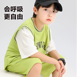 球服套裝 2025寶寶薄款 夏季 速干新款 男童運(yùn)動(dòng)套假兩件籃球服 短袖 裝