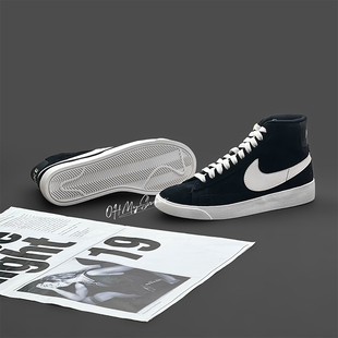 AV9376 NIKE 复古休闲板鞋 春秋反毛皮黑白经典 001 BLAZER高帮女鞋