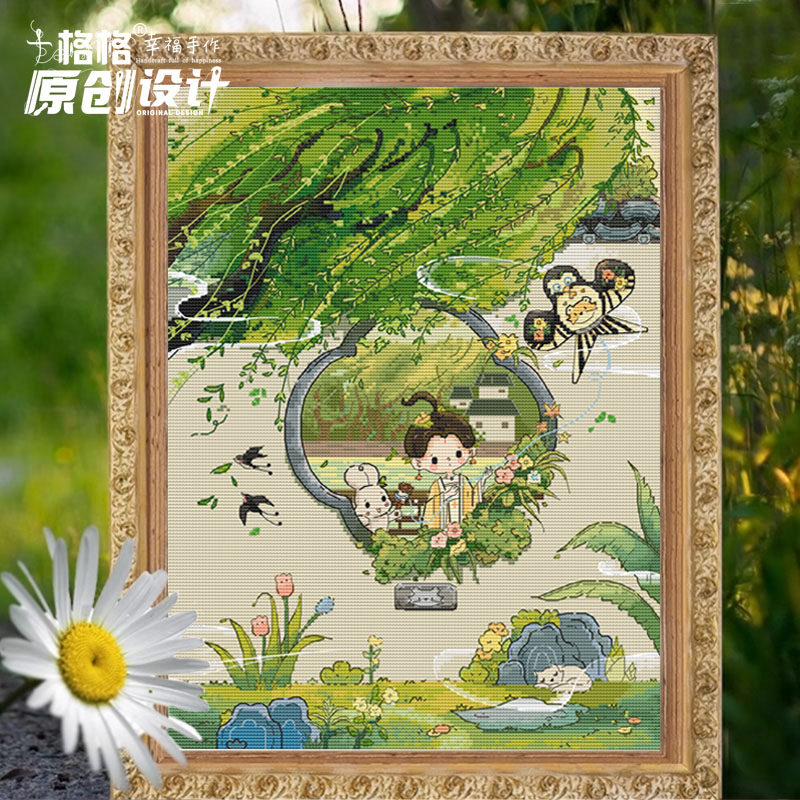 十格格十字绣DMC绣线25-3月虎咖 原创设计四季花窗女孩 春 全景版