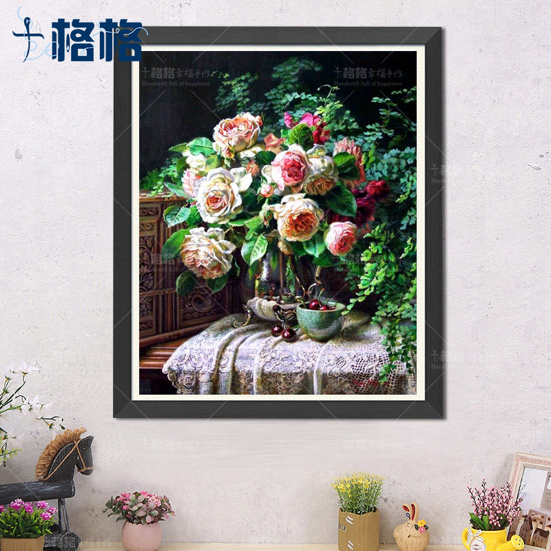 精准印花法国DMC 十字绣套件简约 客厅挂画花卉 威廉姆斯玫瑰花瓶