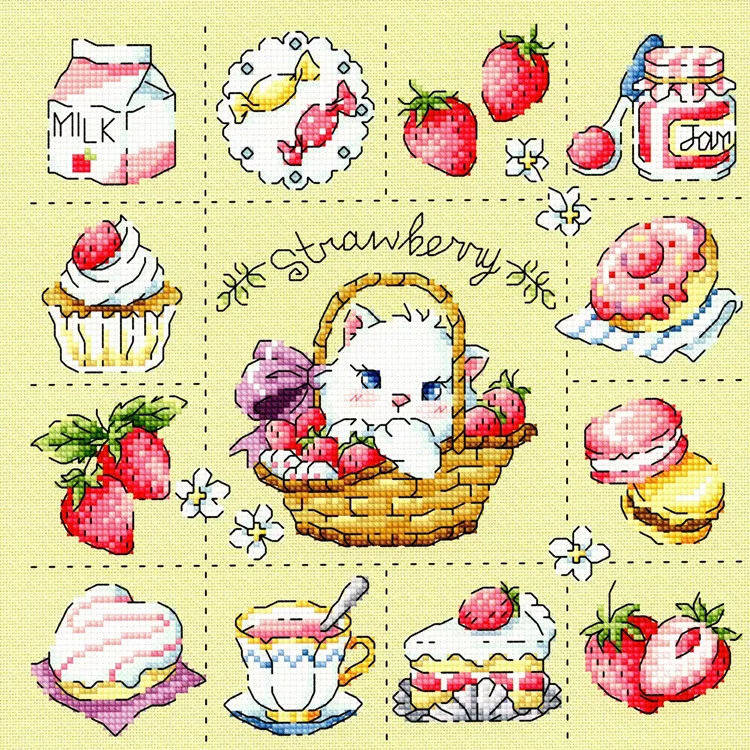 法国dmc十字绣套件 挂画 客厅 餐厅 卡通 新品 草莓甜品猫 米色布