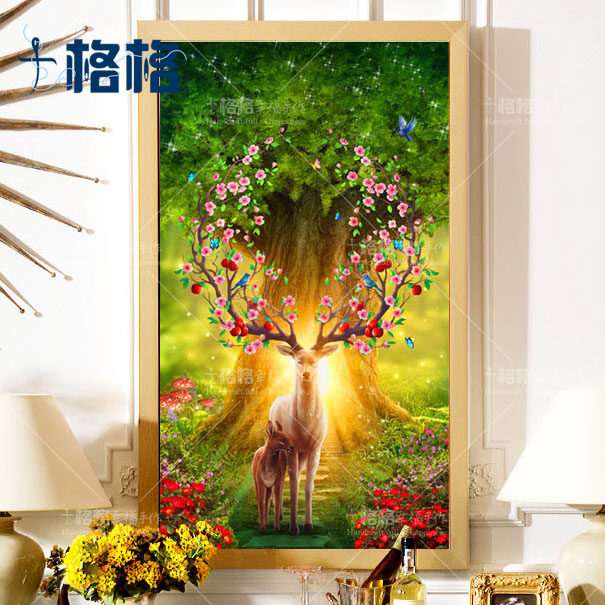 精准印花法国dmc十字绣套件 客厅 餐厅 挂画满绣 动物 发财鹿竖版