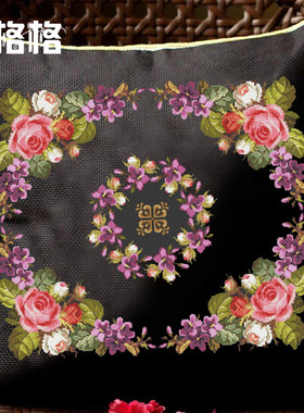 十格格十字绣DMC绣线套件2025新款 黑色花纹图案 玫窗絮语 抱枕