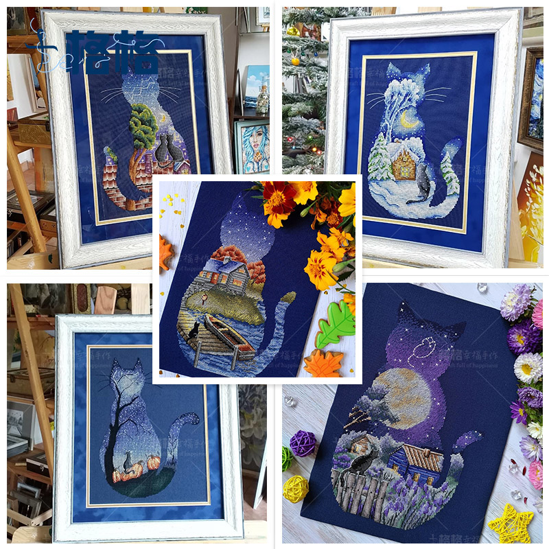 十格格dmc十字绣四季猫咪藏蓝色