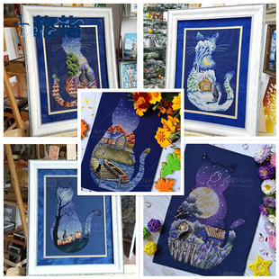 十格格dmc十字绣法国绣线套件四季 藏蓝色绣布德国zw绣布2025 猫咪