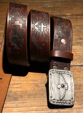 复古机车雕花皮带真皮腰带复古做旧Navajo纳瓦霍花纹雷鸟宽度36mm