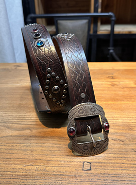 vintage 手工皮带铆钉宝石镶嵌牛皮腰带价格皮带美式复古阿美咔叽