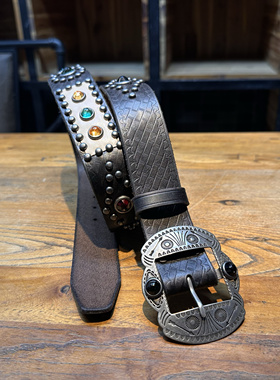 vintage 年代经典复古机车打钉皮带头宽36mm美式复古宝石银扣皮带