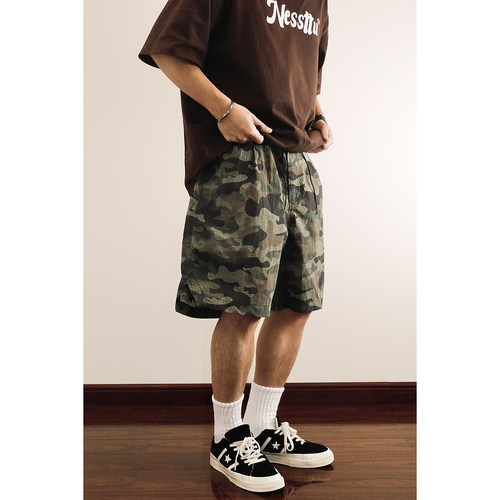 军事风硬壳网格迷彩宽松工装短裤