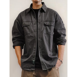 衬衫 日系vintage复古水洗做旧重磅厚实斜纹面料工装 外套口袋长袖