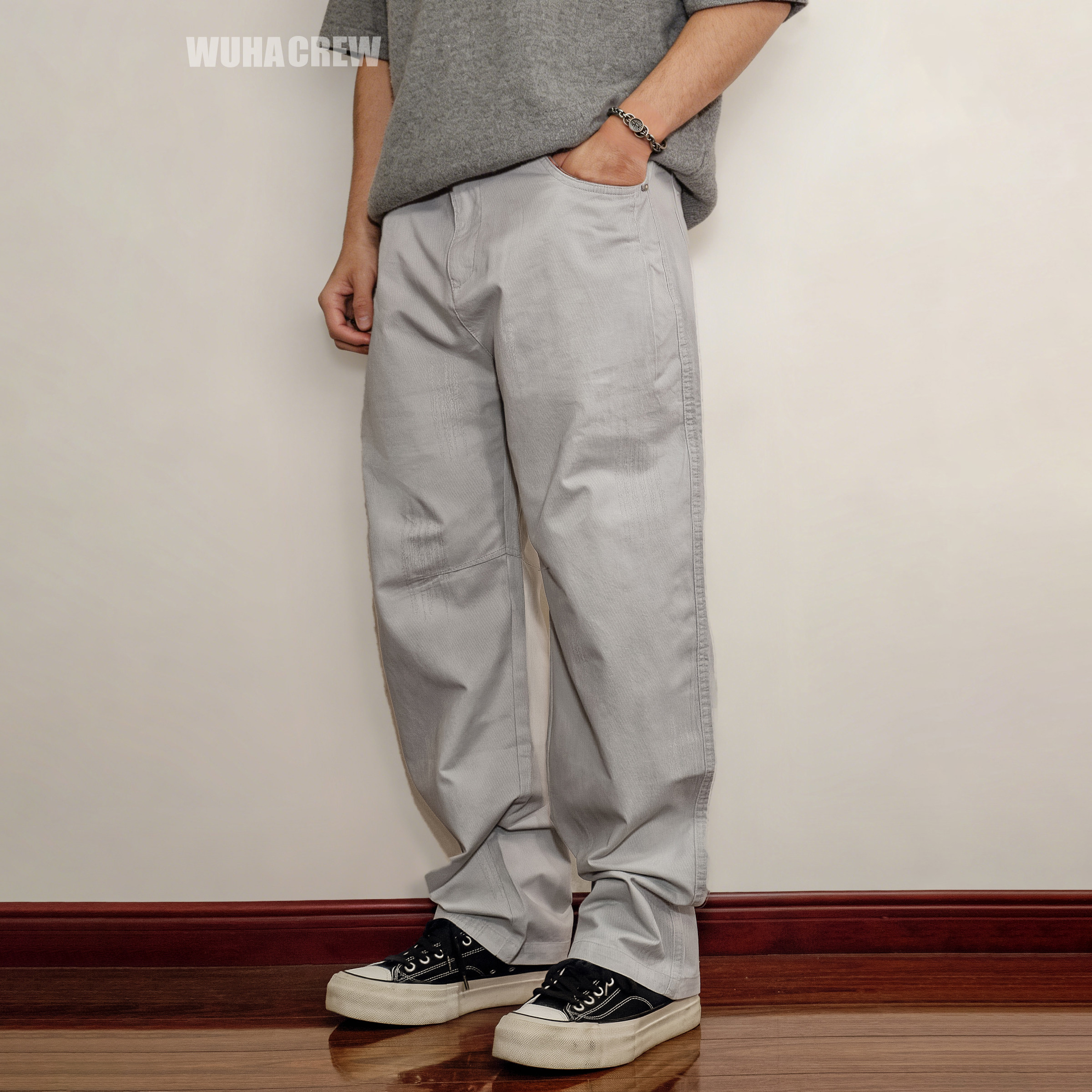 2026春夏通勤百搭个性抓痕印花棉质梭织条纹直筒宽松潮流休闲裤男