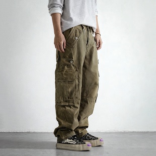 美式 裤 复古磨边做旧阔腿宽松休闲裤 潮牌重工cargo深兜多口袋工装