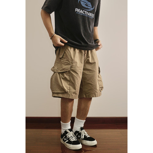 美式重磅珠帆多口袋五分工装短裤