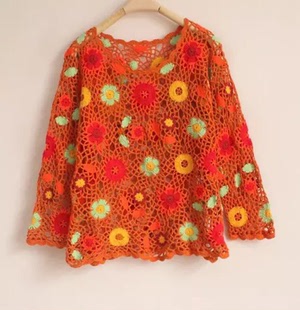 镂空设计袖 春夏针织衫 长48衣长58cm胸围105cm 花朵上衣 定制钩编