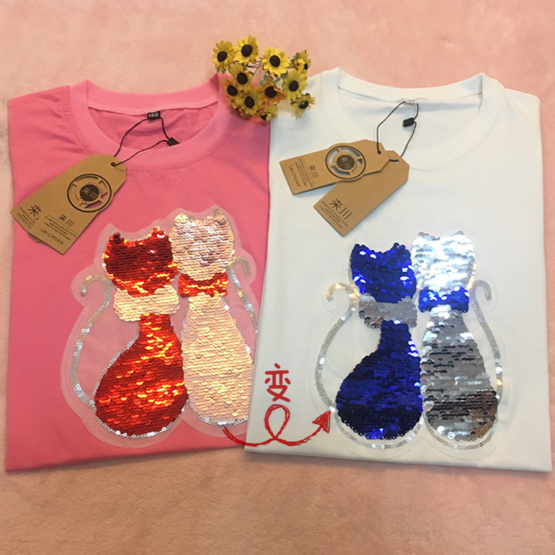 抖音会变的猫咪儿童短袖新款翻面亮片夏季变色纯棉t恤母女亲子装