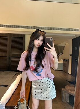 果果家 粉色短袖印花t恤女夏季新款宽松显瘦百搭圆领上衣休闲体恤