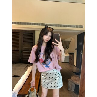 果果家 粉色短袖印花t恤女夏季新款宽松显瘦百搭圆领上衣休闲体恤