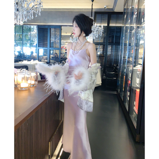 果果家 浮生紫/紫色醋酸吊带连衣裙女夏季2026年新款时尚气质裙子