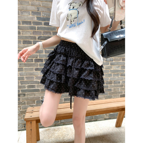 果果家 蕾丝拼接半身裙女夏季2026新款甜美风少女短裙波点蛋糕裙