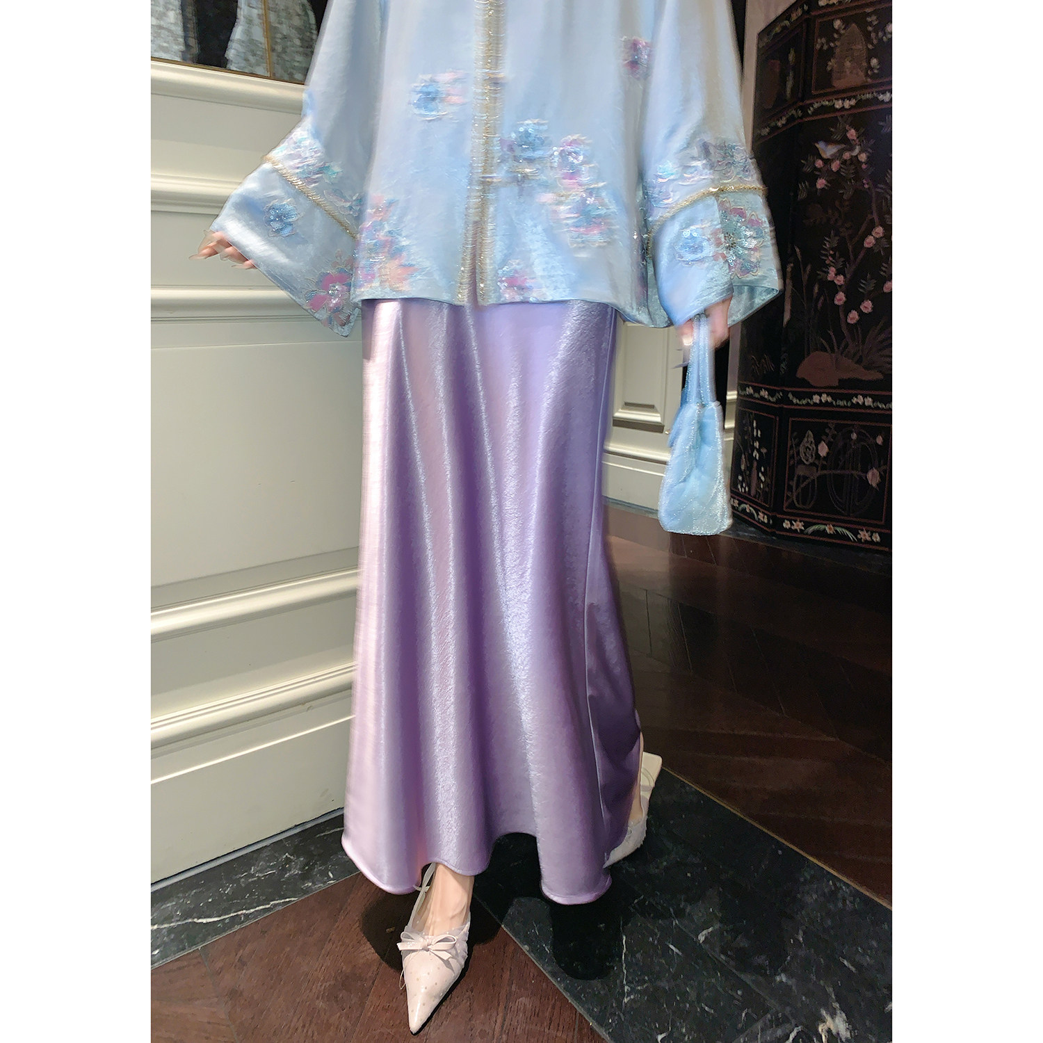 果果家 醋酸新中式2025女装秋鱼尾裙百搭女装设计师半身裙