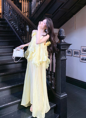 果果家甜美吊带立体花度假连衣裙