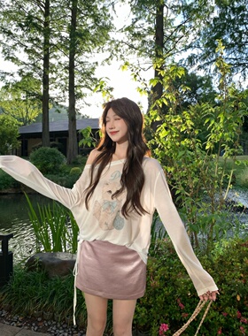 果果家 白色长袖防晒罩衫女夏季新款宽松慵懒卡通印花t恤薄款上衣