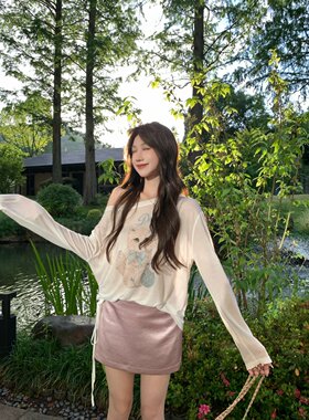 果果家 白色长袖防晒罩衫女夏季新款宽松慵懒卡通印花t恤薄款上衣
