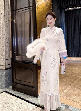 果果家 现货秒发/新中式连衣裙女加绒长裙刺绣低开衩提花旗袍