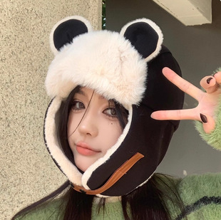 小熊耳朵雷锋帽女可爱毛绒加厚冬季骑车保暖东北防寒帽子护耳棉帽