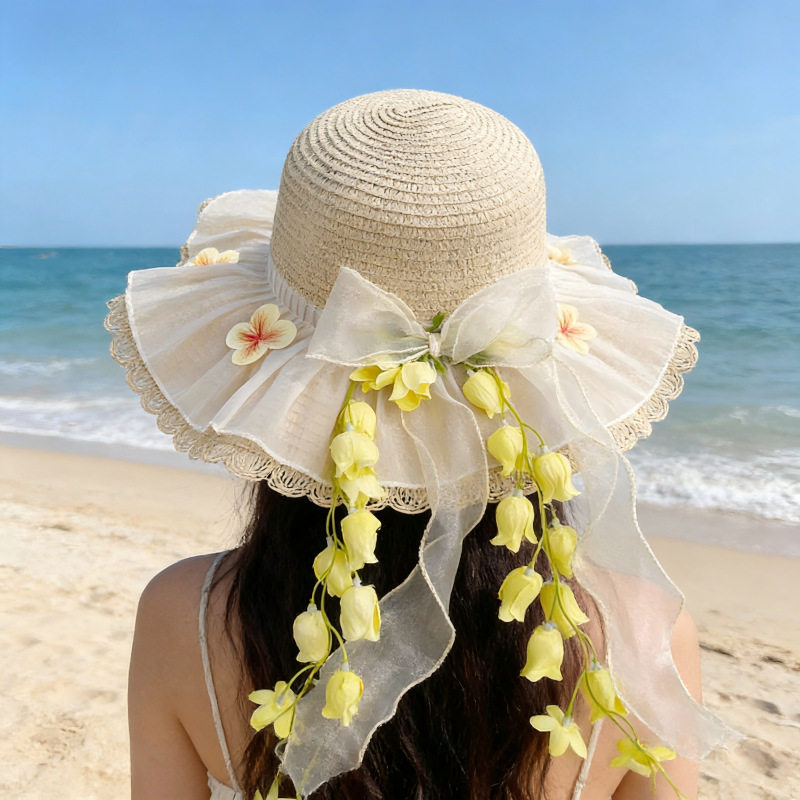 森系长飘带蝴蝶结草帽子女夏季海边度假沙滩帽大檐防晒遮阳太阳帽