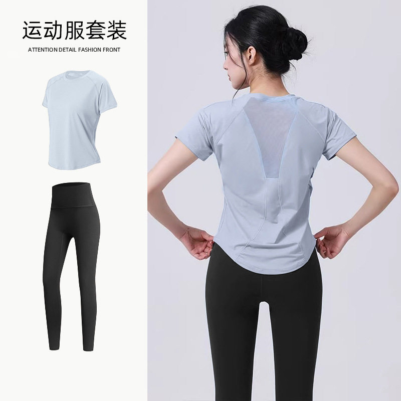 春季运动套装女瑜伽健身服短袖2026新款宽松跑步速干健身运动服t