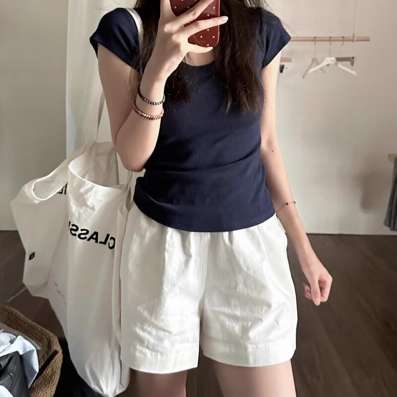 白色短裤女夏季薄款休闲松紧腰宽松外穿小个子a字高腰阔腿热裤子